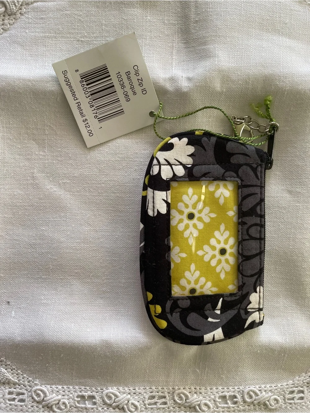 Vera Bradley Yellow Floral Zip ID Case with Black and Gray Trim